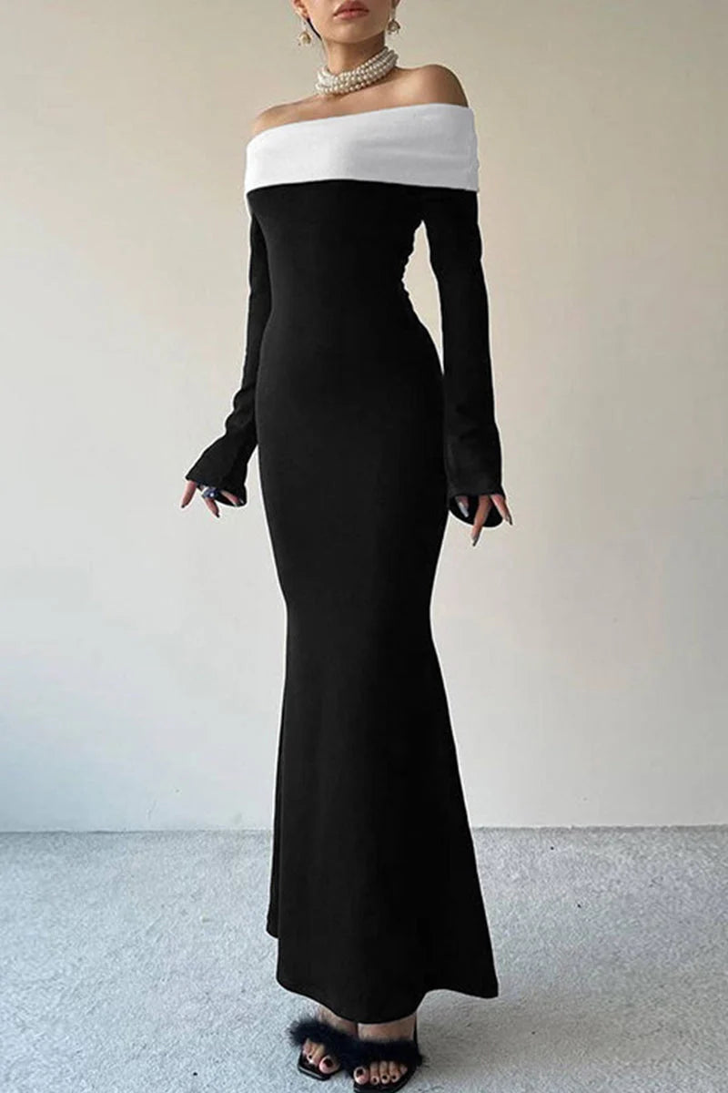 Schwarzes Ballkleid-Abendkleid mit schulterfreiem One-Step-Rock und einfarbigem Kontrast, NV1939