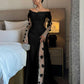 Black long sleeve silver sequin rose decoration long fashionable elegant ball gown evening dress nv2948