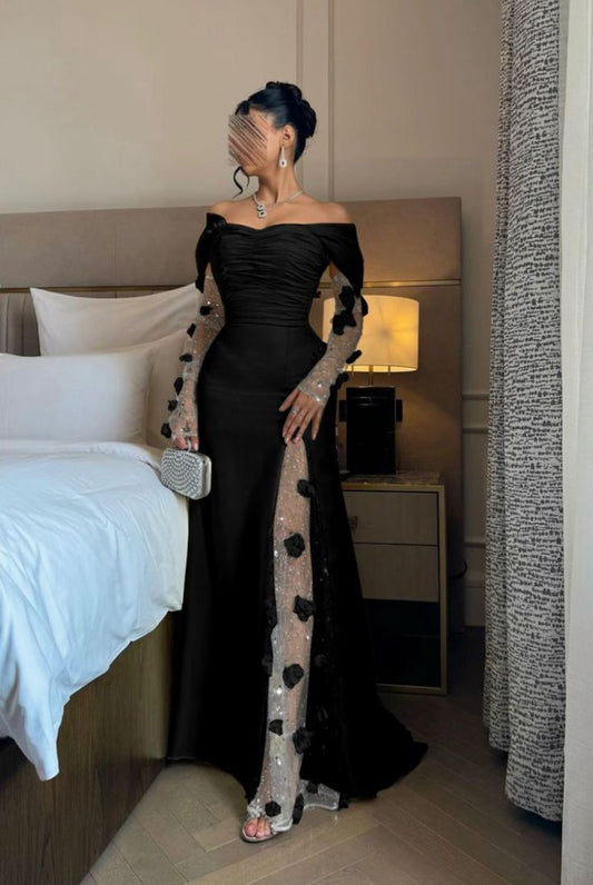 Black long sleeve silver sequin rose decoration long fashionable elegant ball gown evening dress nv2948