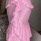 Pink Stylish Spaghetti Straps Elegant Long Ruffled Chiffon Prom Evening Gown Wedding Guest Party Dress nv3324