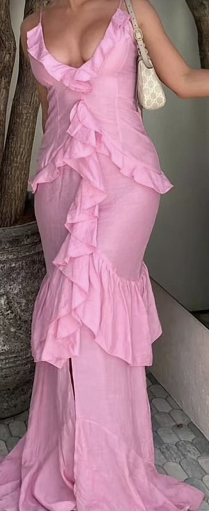 Pink Stylish Spaghetti Straps Elegant Long Ruffled Chiffon Prom Evening Gown Wedding Guest Party Dress nv3324