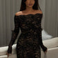 Black lace sexy elegant off-shoulder one-shoulder maxi dress with long sleeves prom dress evening dress party dress nv2673