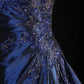 Marineblau Wunderschönes glänzendes Vintage-Mode-Schulterfreies, exquisites, langes Satin-Ballkleid mit Perlenbesatz, elegantes Partykleid, Abschlussballkleid nv3852