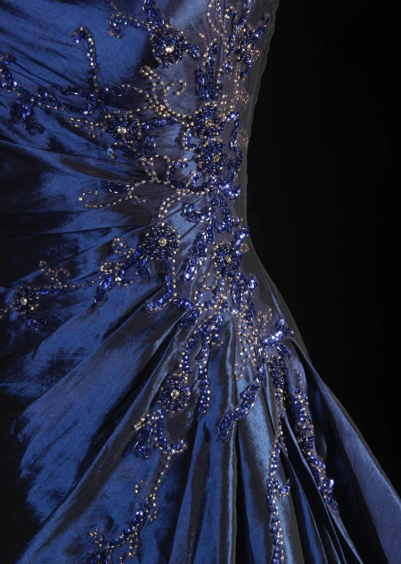 Marineblau Wunderschönes glänzendes Vintage-Mode-Schulterfreies, exquisites, langes Satin-Ballkleid mit Perlenbesatz, elegantes Partykleid, Abschlussballkleid nv3852