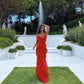 Rotes, modisches Spaghettiträger-Langchiffon-Rüschen-Ballkleid-Abendkleid-Partykleid nv3544
