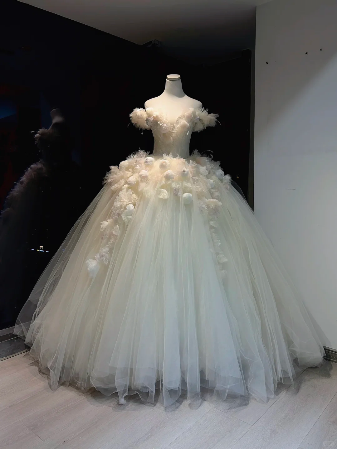 Ivory Off Shoulder Ball Gown 3D Floral Feather Beaded Tulle Wedding Dress  NV6965