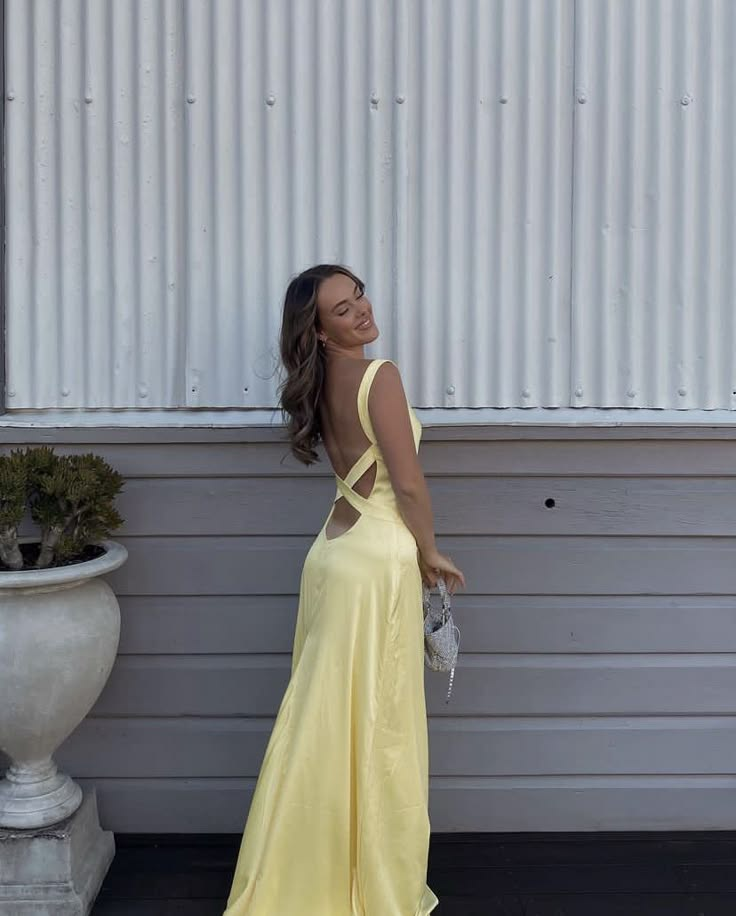 Yellow simple elegant open back long satin evening gown ball gown nv2644