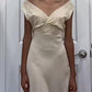 Elfenbeinfarbenes, elegantes V-Ausschnitt-Kleid, lang, schmale Passform, Satin, Party-/Ballkleid, Abendkleid, Ballkleid, Hochzeitskleid, nv3934