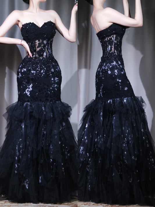 Black Tulle Glimmer - Strapless Sequin Mermaid Cocktail Dress, Layered Tulle Gala Gown NV6848