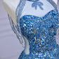 Blaues luxuriöses, mit Perlen besetztes, funkelndes, wunderschönes Brautkleid, mit Perlen und Pailletten besetztes, bodenlanges Prinzessinnen-Ballkleid nv5060