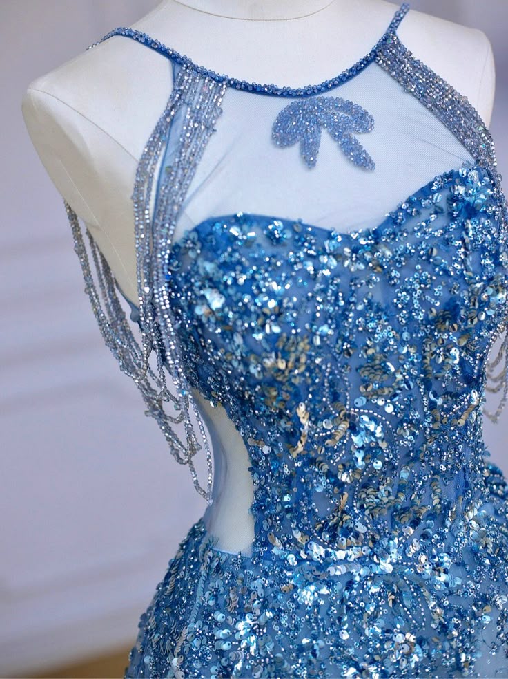 Blaues luxuriöses, mit Perlen besetztes, funkelndes, wunderschönes Brautkleid, mit Perlen und Pailletten besetztes, bodenlanges Prinzessinnen-Ballkleid nv5060