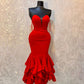 Red hot elegant fashion tube top long ruffled ball gown evening dress party dress nv3329