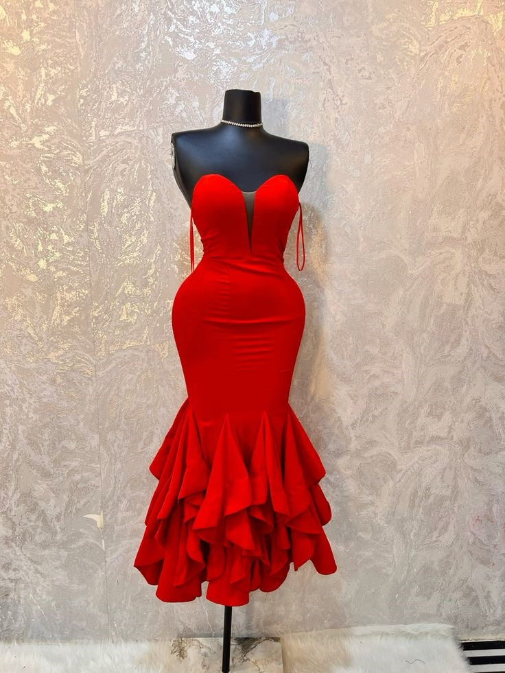 Red hot elegant fashion tube top long ruffled ball gown evening dress party dress nv3329