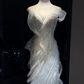 Light Mint Off Shoulder Long Mermaid Formal Gown Hand Beaded Ruffle Tulle Evening Dress  NV6959