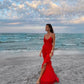 Rotes, modisches Spaghettiträger-Langchiffon-Rüschen-Ballkleid-Abendkleid-Partykleid nv3544