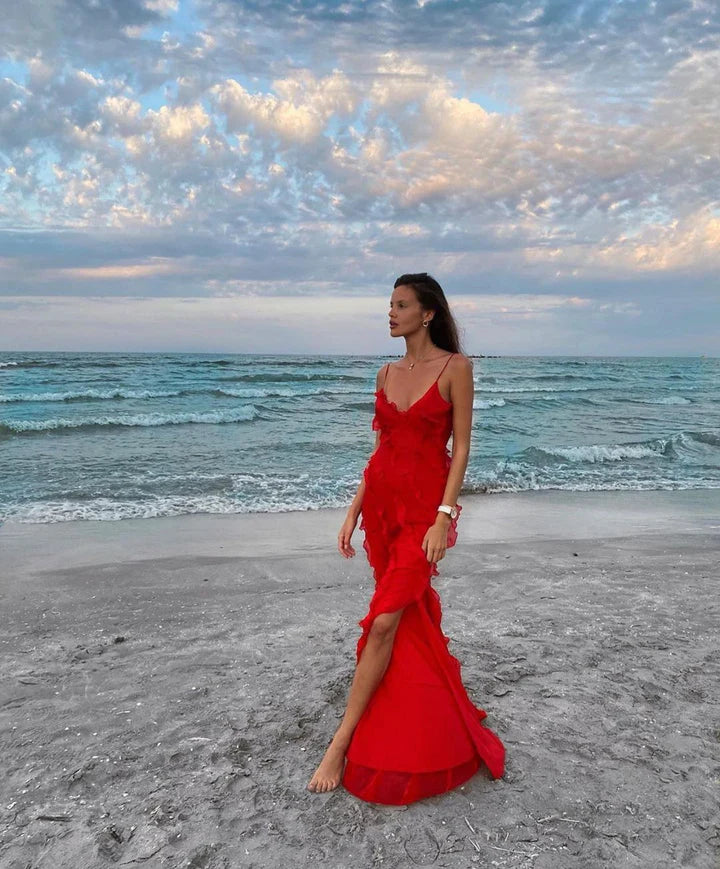 Rotes, modisches Spaghettiträger-Langchiffon-Rüschen-Ballkleid-Abendkleid-Partykleid nv3544