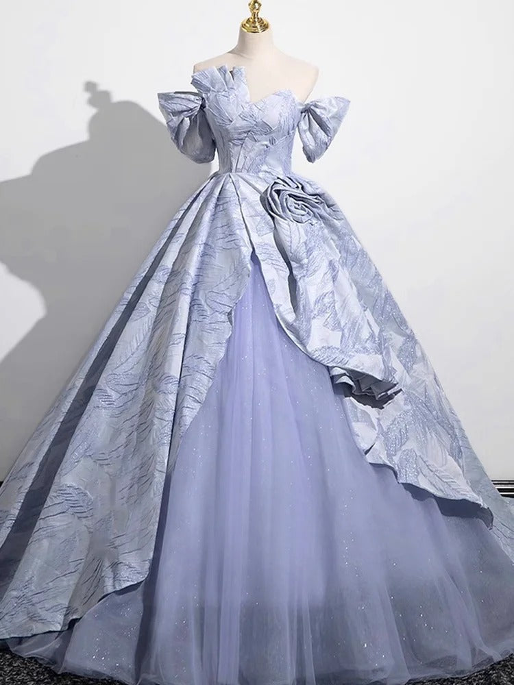 Robe de soirée longue en satin et tulle bleu, élégante, motif floral, robe d'anniversaire, robe de mariée, nv4156