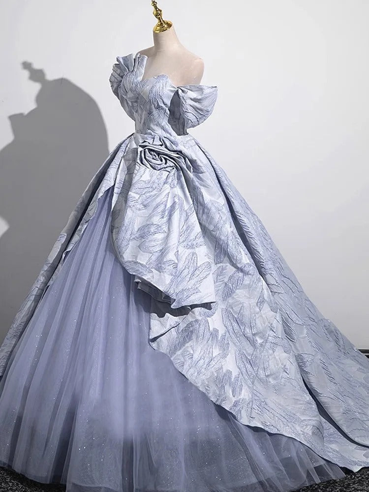 Robe de soirée longue en satin et tulle bleu, élégante, motif floral, robe d'anniversaire, robe de mariée, nv4156