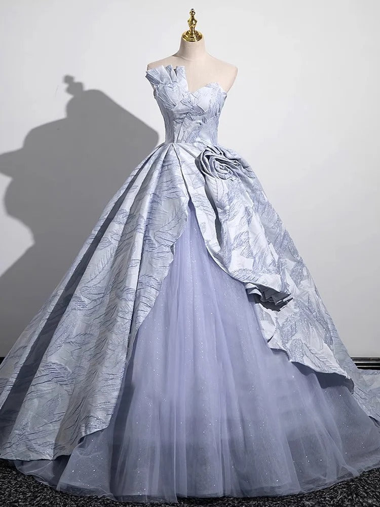 Robe de soirée longue en satin et tulle bleu, élégante, motif floral, robe d'anniversaire, robe de mariée, nv4156