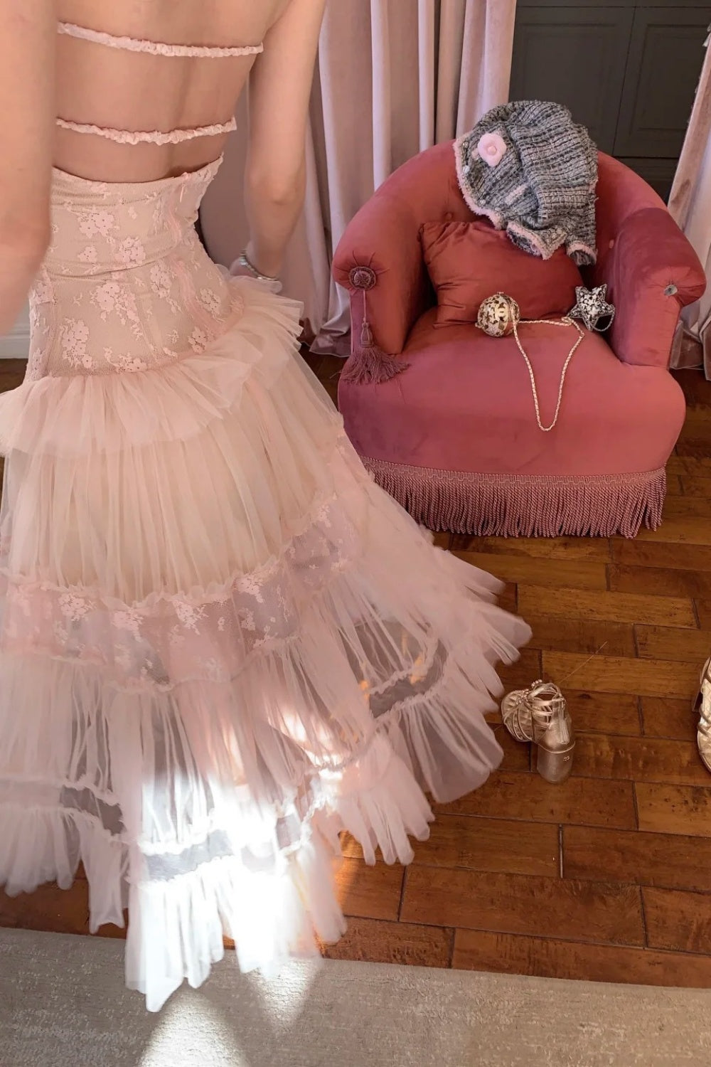 Langes, rosafarbenes Chiffon-Abendkleid NV6745