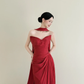 Red Chiffon Strapless Mermaid Evening Gown Pleated With Long Flowing Train  NV7172