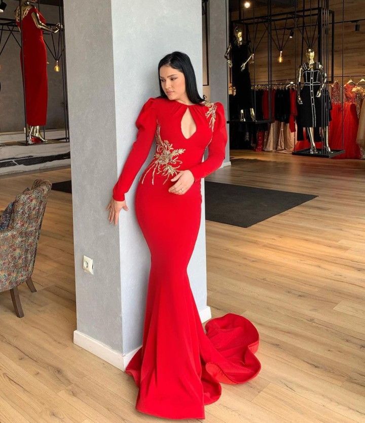 Red long sleeve fashion applique elegant sexy long mermaid fishtail ball gown evening dress prom dress nv3230