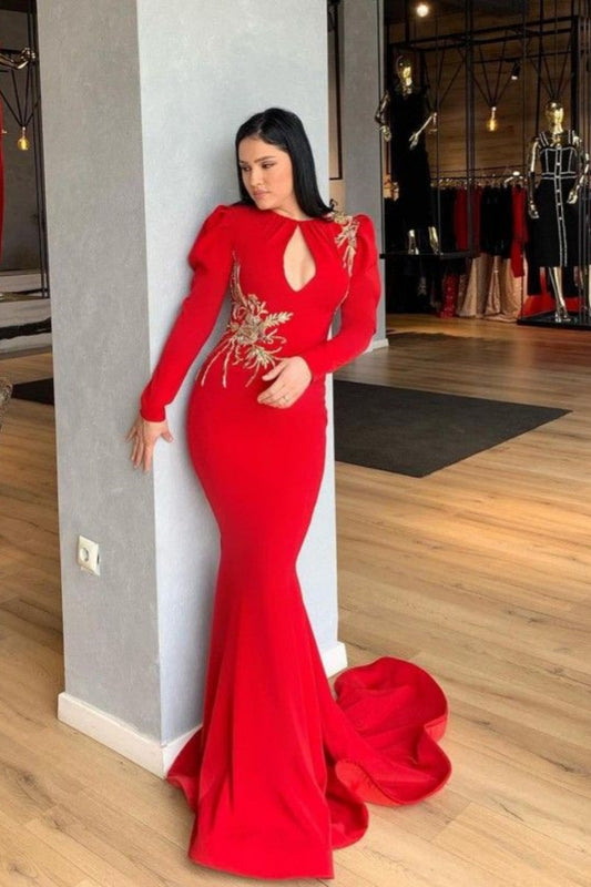 Red long sleeve fashion applique elegant sexy long mermaid fishtail ball gown evening dress prom dress nv3230