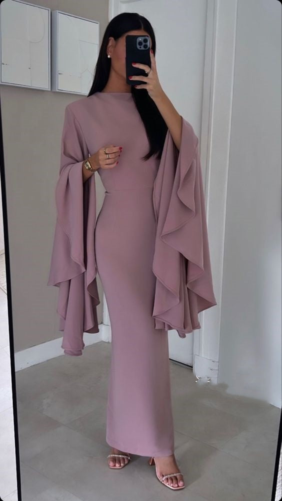 Pink pure color simple and elegant wide ruffled long sleeves long ball gown evening dress party dress nv2491