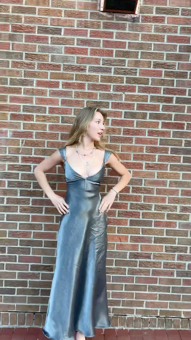 Silber Vintage Mode Elegante Lange Satin Formale Ballkleid Abendkleid Partykleid nv3646