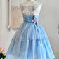 NiceVestidos - Robe de soirée courte/mi-longue en tulle bleu à fleurs délicates NV5668
