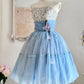 NiceVestidos - Robe de soirée courte/mi-longue en tulle bleu à fleurs délicates NV5668