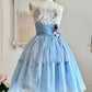 NiceVestidos - Robe de soirée courte/mi-longue en tulle bleu à fleurs délicates NV5668