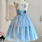 NiceVestidos - Robe de soirée courte/mi-longue en tulle bleu à fleurs délicates NV5668