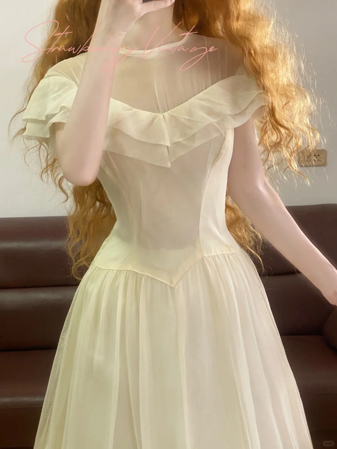 Weißes Vintage Elegantes Langes Tüllkleid mit Blumenmuster, nv5015