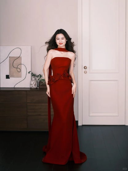 Burgundy Strapless Satin Mermaid Evening Dress  NV7318