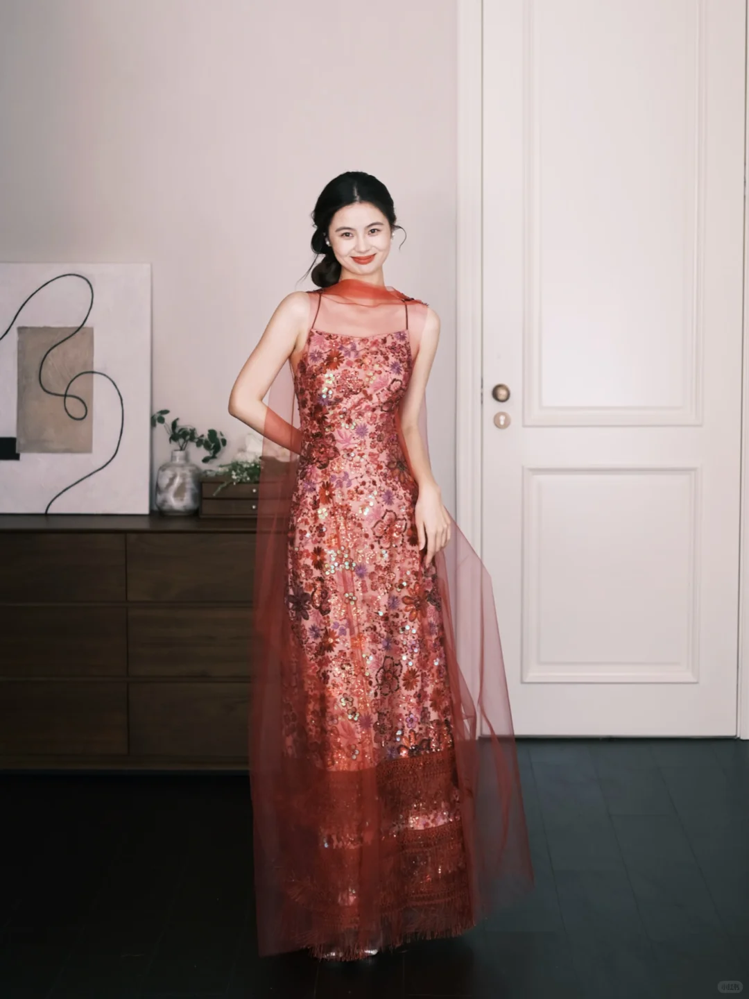 Floral Sequin Spaghetti Strap Evening Dress, Formal Gown with Red Tulle Cape  NV7322