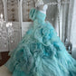 Mint Enchantment – ​​trägerloses, perlenbesetztes 3D-Blumenballkleid mit gestufter Rüschenschleppe NV6845