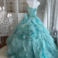 Mint Enchantment – ​​trägerloses, perlenbesetztes 3D-Blumenballkleid mit gestufter Rüschenschleppe NV6845