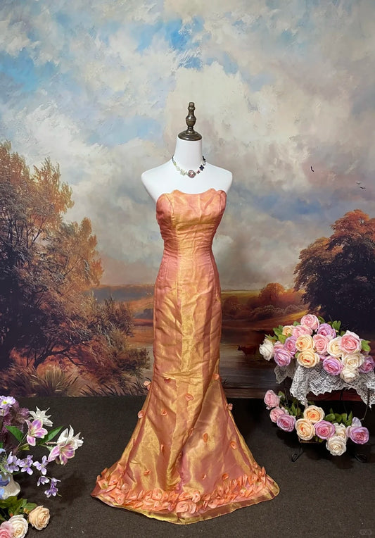 Robe de soirée longue orange brillante, élégante, vintage, à fleurs, perles, traîne, robe de bal, robe de bal nv4080