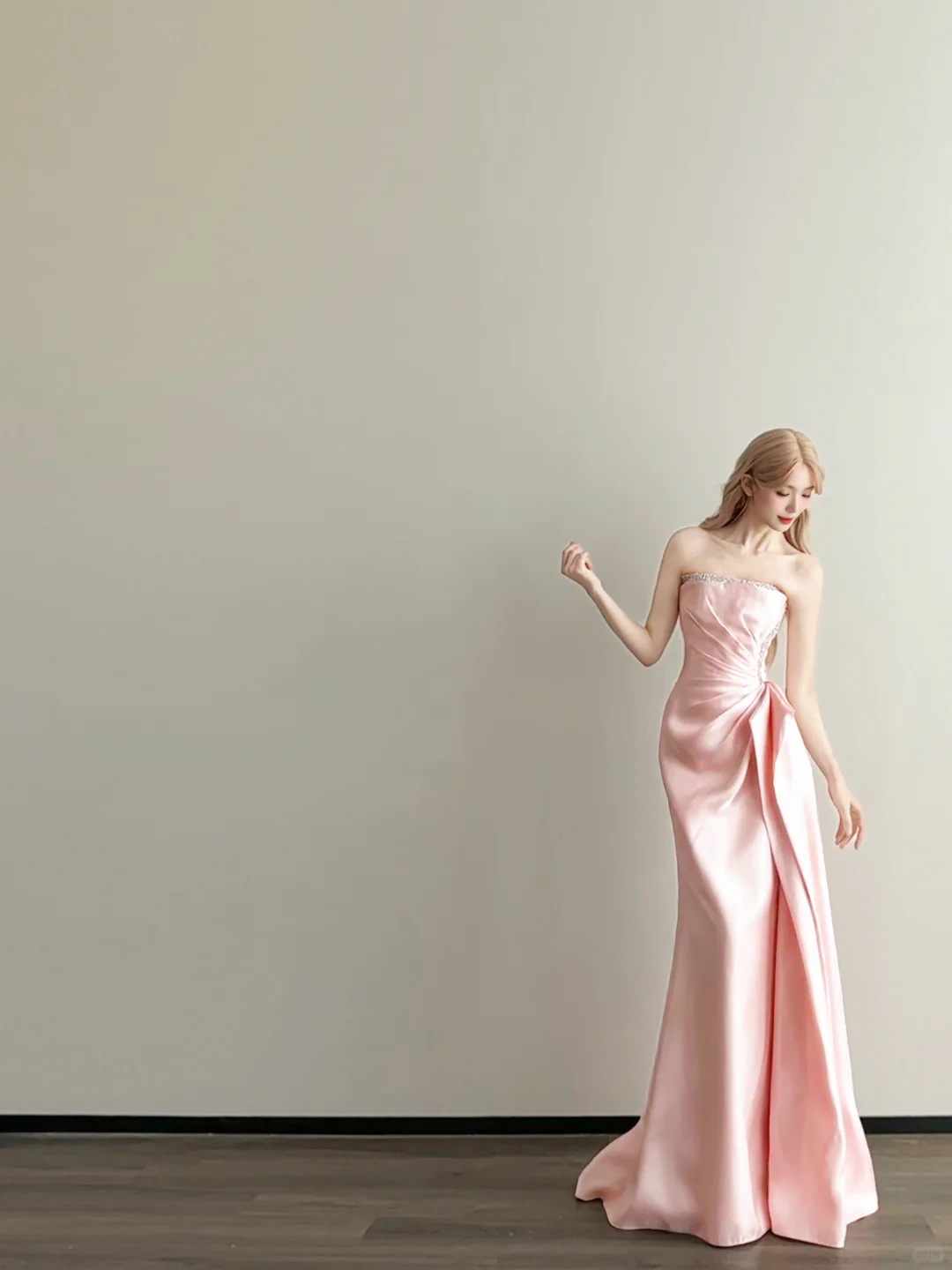 Blush Pink Strapless Prom Gown Satin Ruched Side Drape Mermaid Long Evening Dress  NV7159