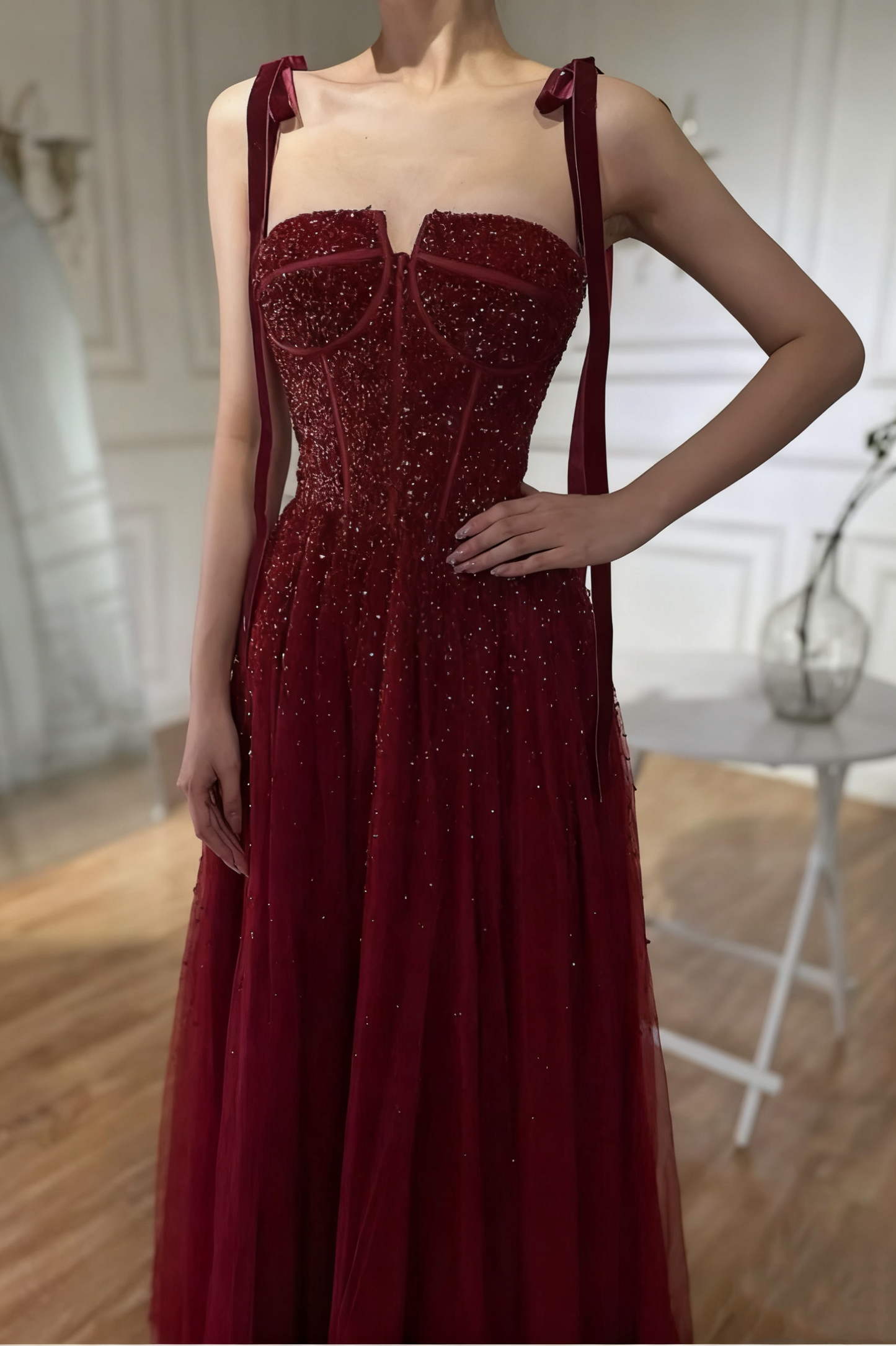 NiceVestidos - Robe de bal longue en tulle bordeaux à paillettes scintillantes NV5841