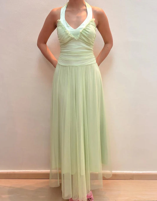 NiceVestidos - Robe de soirée trapèze sans manches en tulle vert clair, coupe licou, longueur au sol, NV5773