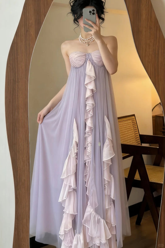 Lavendelrosa Ombré-Chiffon-Maxikleid, trägerlos, mit Rüschen, NV6556