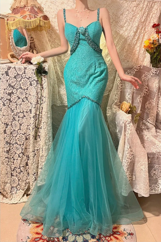 Blue Beaded Beautiful Mermaid Long Lace Tulle Ball Gown Evening Gown Party Dress nv4324