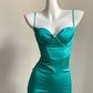 Mintgrünes, modisches, kurzes Satin-Heimkehrkleid mit Spaghettiträgern, Geburtstagskleid, nv5160