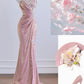 Rosa Mode exquisite Perlen lange Ballkleid Abendkleid Partykleid nv4726