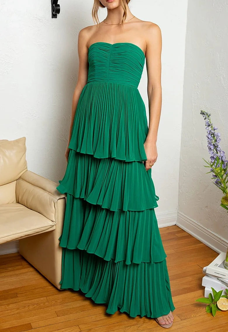 Smaragdgrünes trägerloses, langes, mehrlagiges Abendkleid, nv1651