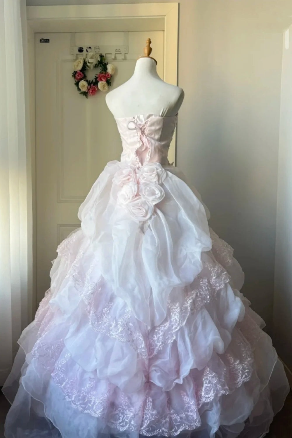 NiceVestidos--Romantic Fairy Tale Style：Pink - White Gradient Organza Bow - Embellished Strapless Floor - Length Ceremony Gown NV5814