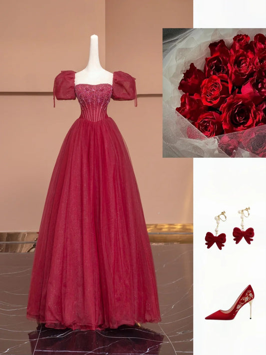 Rotes Vintage Exquisites langes Tüll-Abschlussballkleid mit Perlenbesatz, Abendkleid, Partykleid, Ballkleid, nv4729