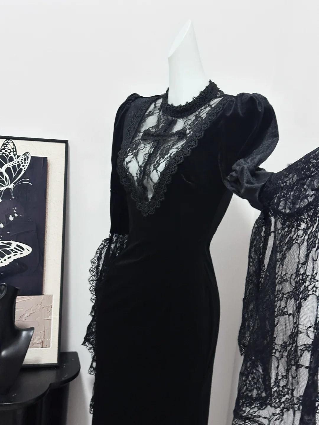 Robe de soirée longue en velours noir, élégante et vintage, en dentelle délicate, robe de bal, robe de soirée, robe de fête d'anniversaire, robe de bal nv4049
